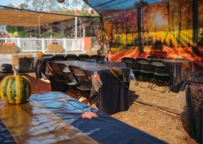 Party tables with pumpkins and fall decorations