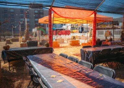 Party tent tables looking out to the pumpkin patch
